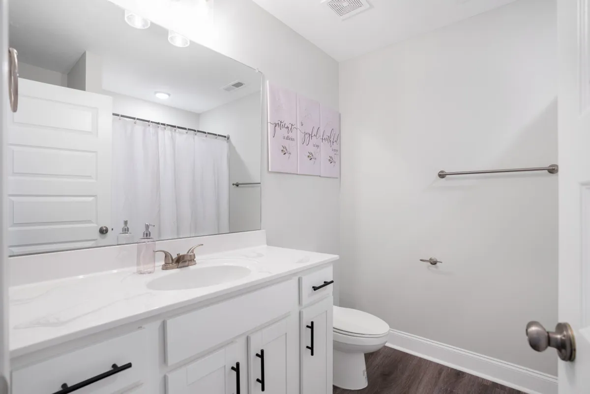 A bright, inviting bathroom with a vanity and sink, decorative wall art, and a shower curtain, crafted for both practical routines and moments of relaxation. The serene atmosphere is enhanced by calming colors and thoughtful details, conveying privacy and convenience.